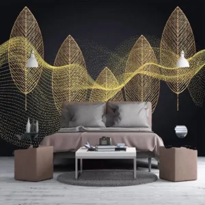 Tranh Dán Tường Tùy Chỉnh Họa Tiết Lá Vàng Và Đường Nét Trừu Tượng