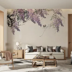 Tranh Dán Tường Tùy Chỉnh Mực Tàu Họa Tiết Hoa Tử Đằng Tím